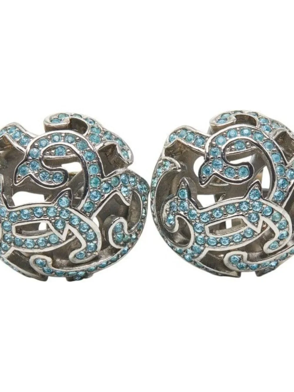 Dior Earrings Silver Blue Metal Rhinestone - Picture 2 of 5